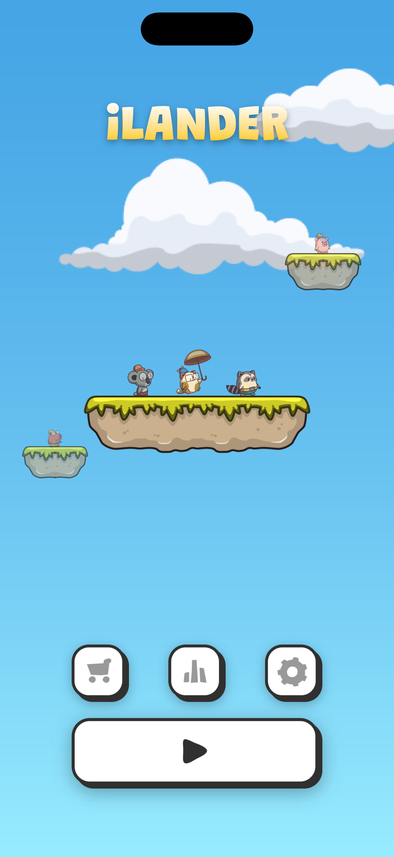 iLander main menu with floating sky islands and characters