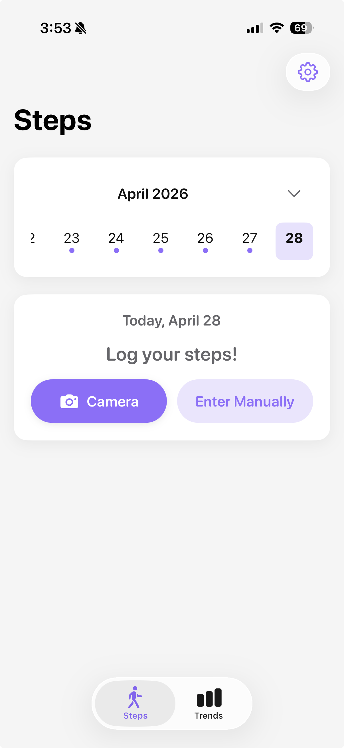 LittySteps home screen to enter daily steps