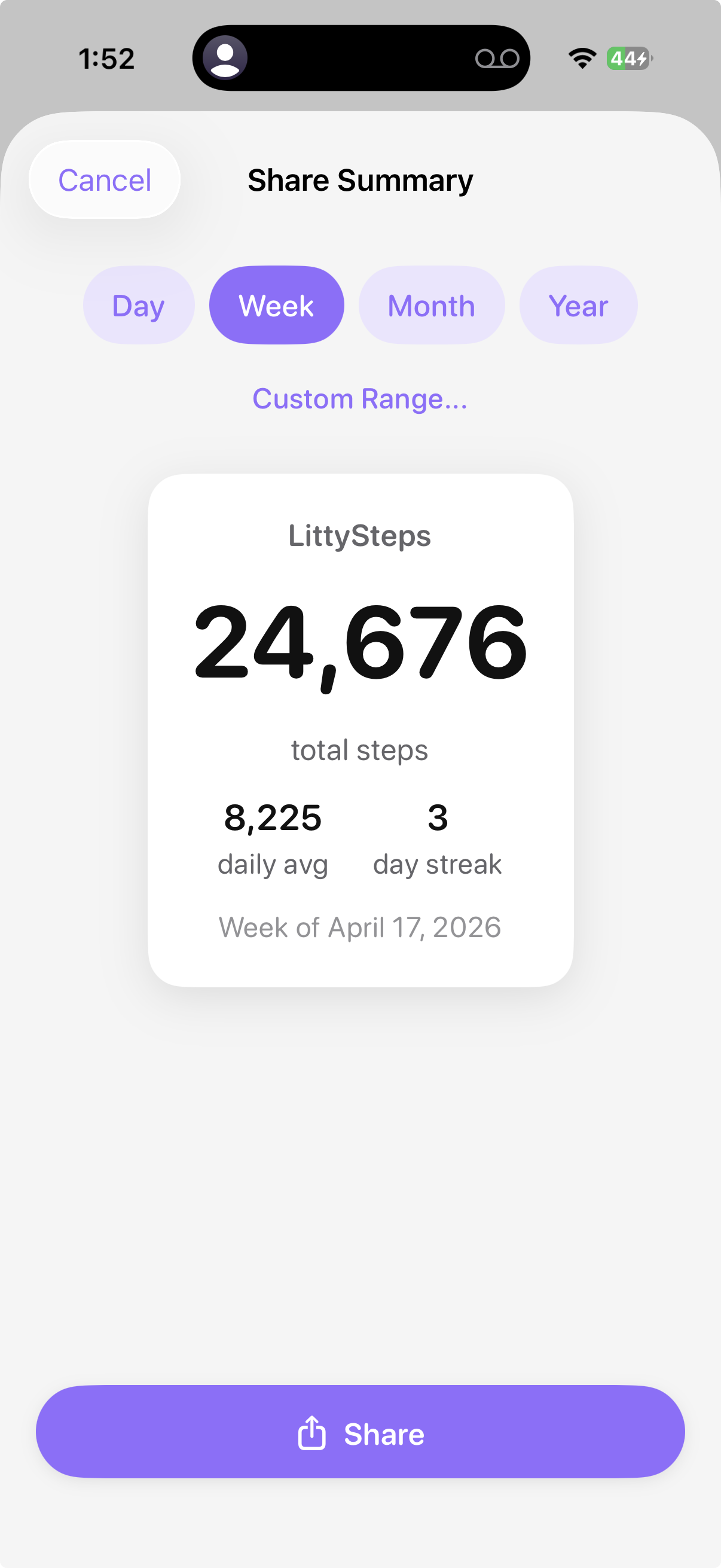 LittySteps share and export summary card