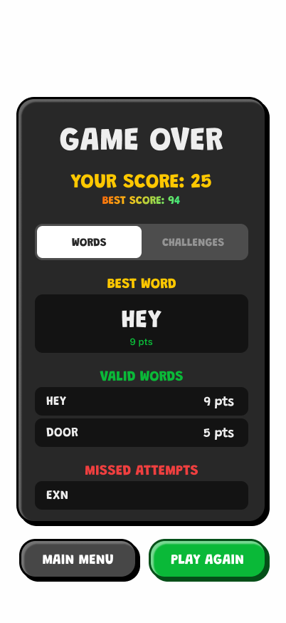 Syllaburst game over screen showing score and words
