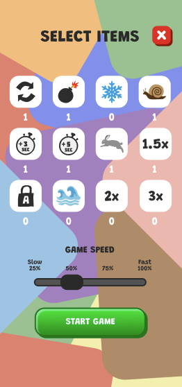 Syllaburst item selection screen with power-ups