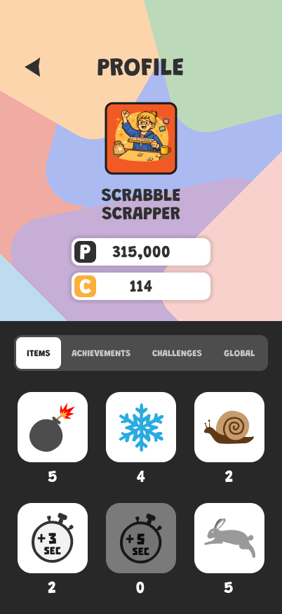 Syllaburst profile showing items, achievements, and stats