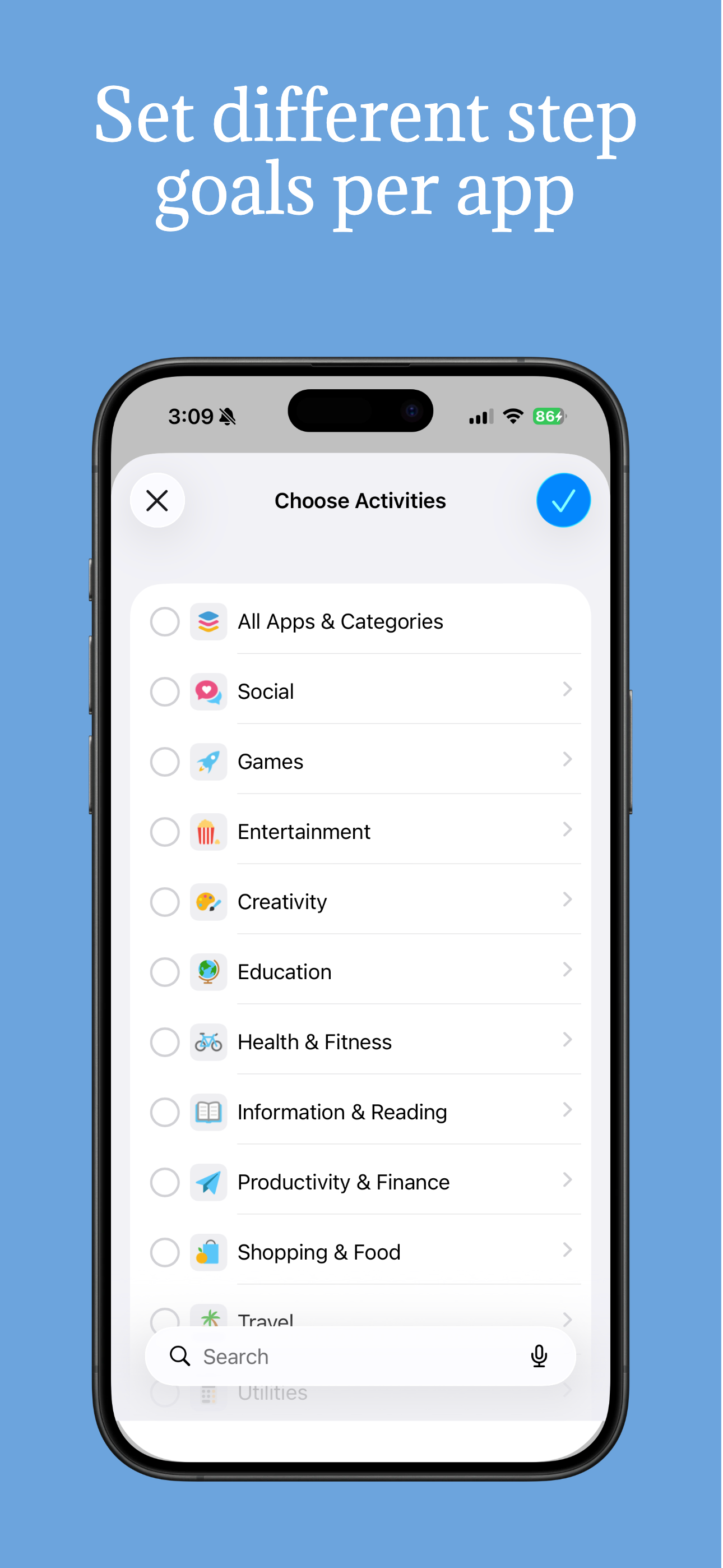 TwoStepper category picker showing social, games, entertainment, and more