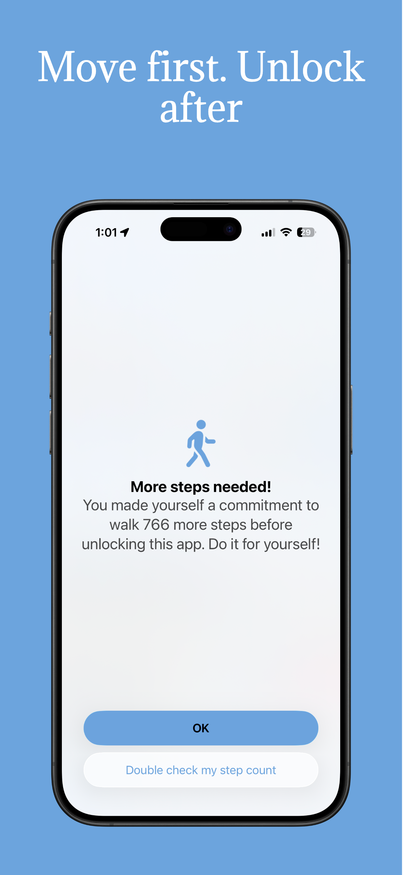 TwoStepper showing a locked app prompting the user to walk more steps