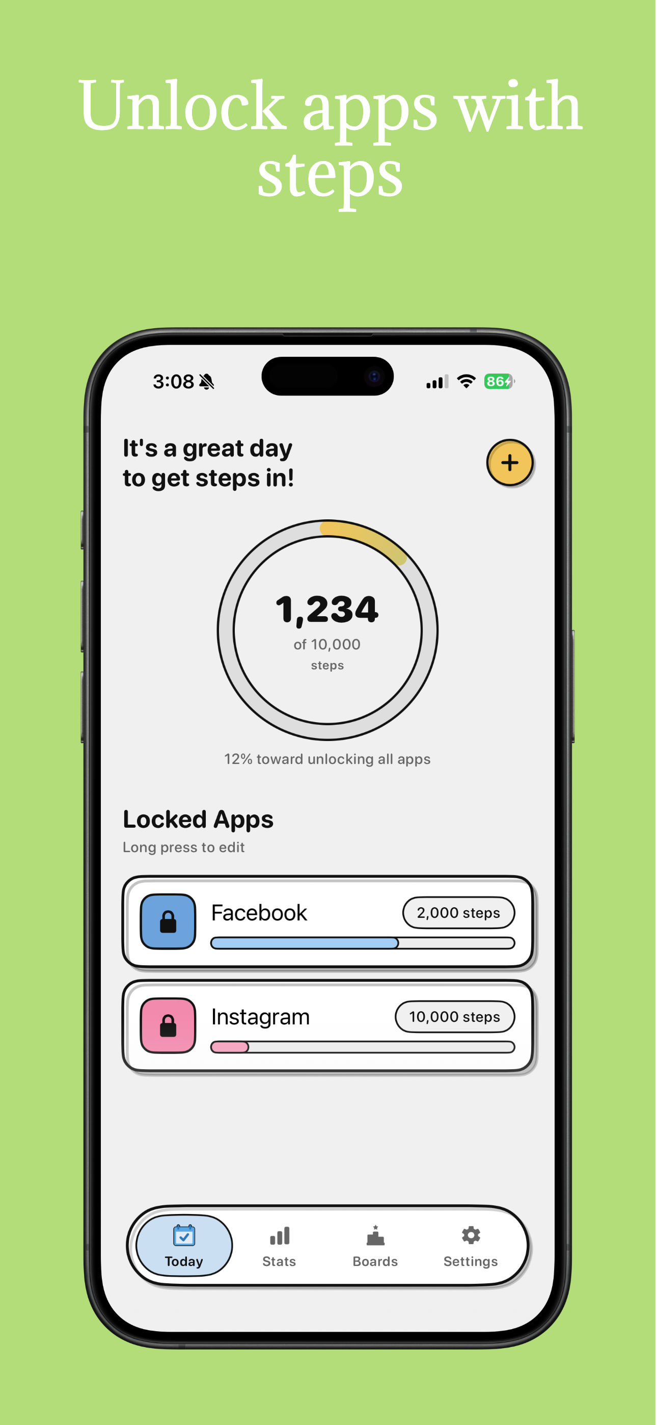 TwoStepper home screen showing daily step goal and locked apps